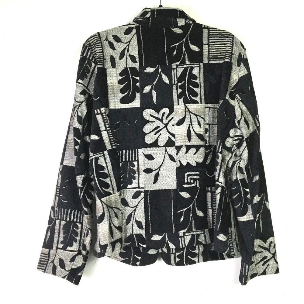 Dressbarn Tapestry Floral Geometric Zip Front Jacket XL Black Silver